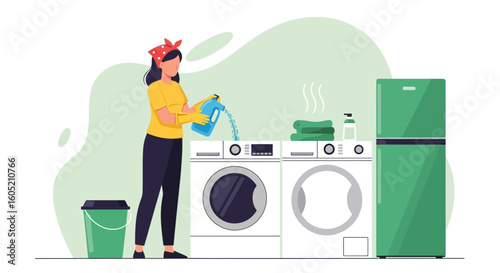 Woman Doing Laundry At Home Pours Detergent In Washing Machine Process
