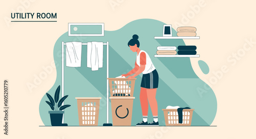 Woman Doing Laundry At Home In Utility Room Vector Illustration