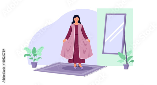 Woman Tries New Clothing In Front Of The Mirror At Home In Her Room