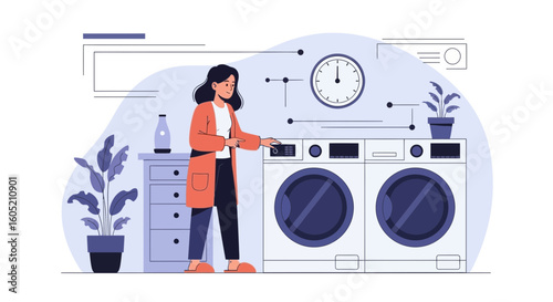 Woman Doing Laundry at Home with Modern Washing Machines Illustration
