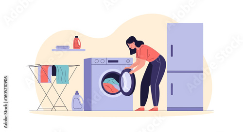 Woman Doing Laundry At Home With Washing Machine And Clothes Rack