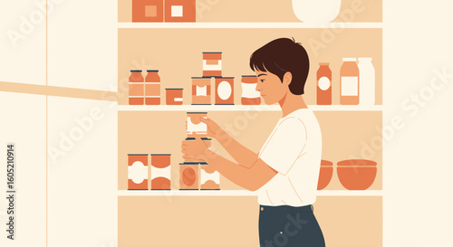 Young Woman Organizes Food In Pantry Cans And Glassware On Shelves Illustration