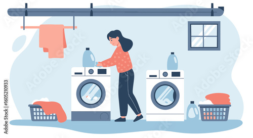 Woman Doing Laundry In A Bright Room With Two Washing Machines