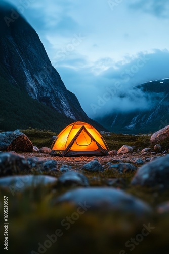 Glowing Tent in a Mountainous Landscape During Twilight Near a Misty Forest.