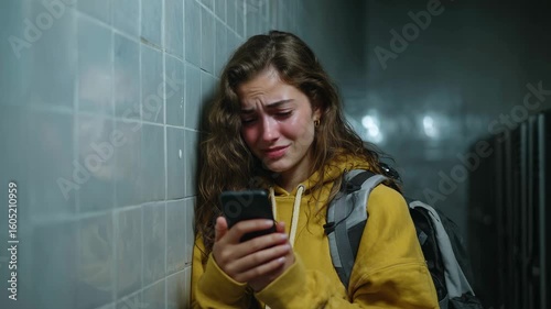 Teenage girl crying in school bathroom while holding tightly to phone.