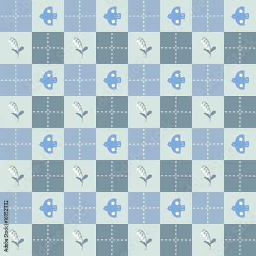 seamless minimal flower lily of valley and bird repeat pattern in blue plaid checkered background, flat vector illustration graphic design