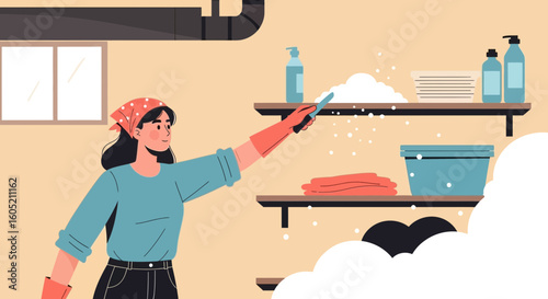 Woman Dusting Cluttered Shelves In A Storeroom Depicting Spring Cleaning Routine