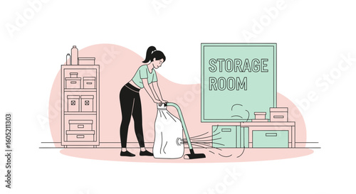 Woman Uses Vacuum Cleaner For Cleaning Storage Room at Home