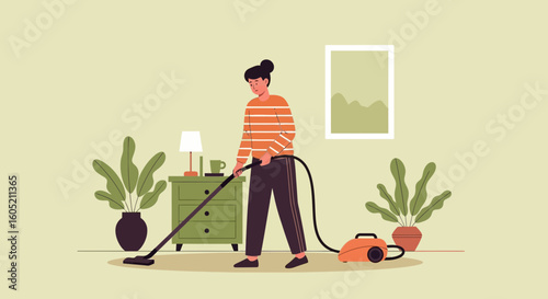 Woman Uses Vacuum Cleaner In The Living Room For Daily Cleaning Tasks