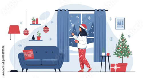 Woman Enjoying a Snowy Winter Day in a Cozy Christmas Decorated Living Room