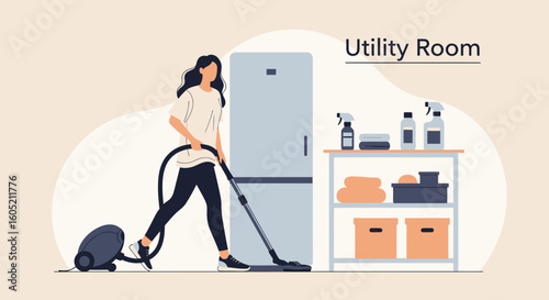Woman Vacuuming In A Functional Laundry Room With Shelving And Appliances