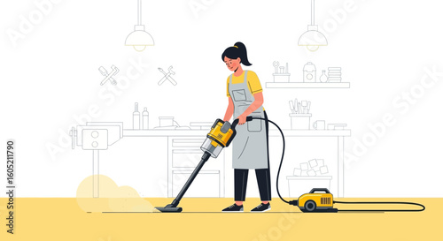 Woman Vacuuming Floor Illustrative Neatness With Household Appliance