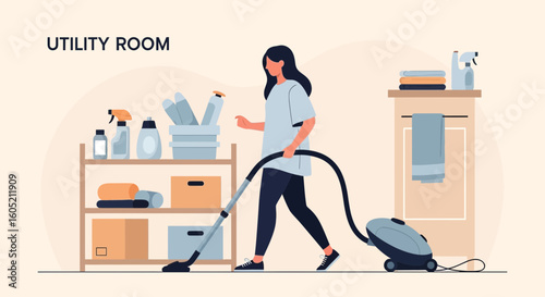 Woman Vacuuming The Utility Room For Cleaning And Maintaining Hygiene