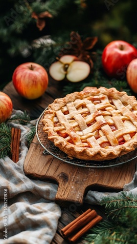 Freshly Baked Apple Pie on Wooden Board Surrounded by Apples and Spices for a...