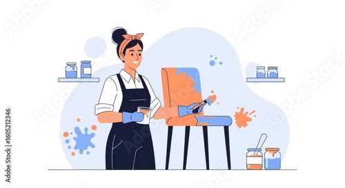 Woman Enjoying Furniture Restoration Project Refreshing Chair With Vibrant Paint