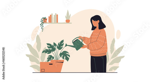 Woman Enjoying Her Time Watering Houseplant in Modern Home Setting