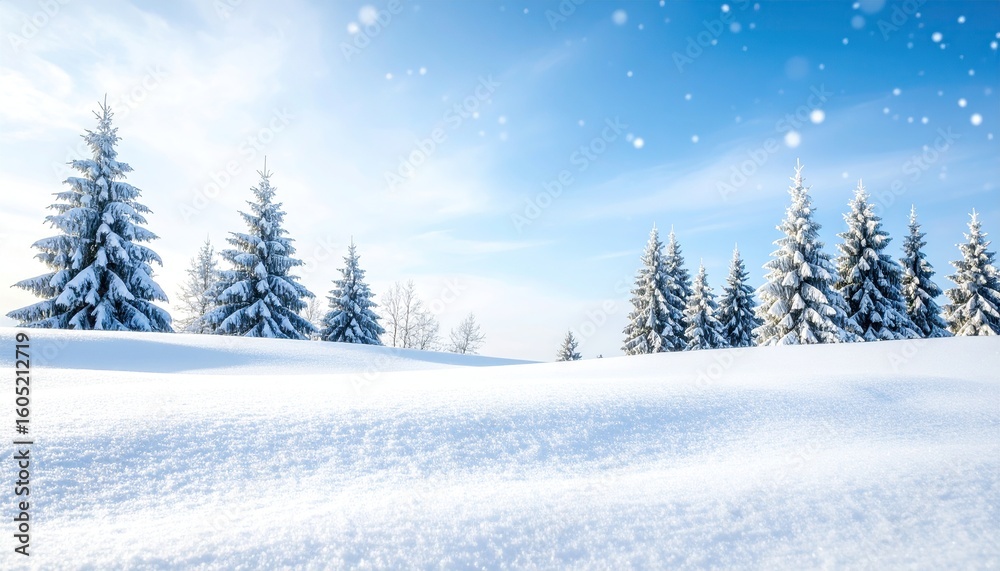 Naklejka premium Winter Landscape with Snow-Covered Trees and Bright Blue Sky