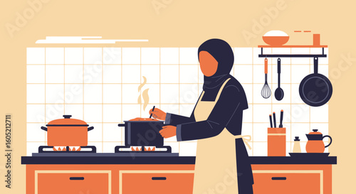 Woman Wearing Hijab Cooking Traditional Meal In Modern Kitchen Interior