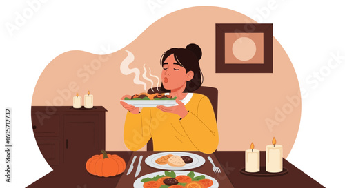 Woman Enjoying Hot Meal at the Table During Festive Autumn Season