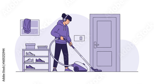 Woman With Headphones Vacuuming Housework Illustration In Light Purple Tones