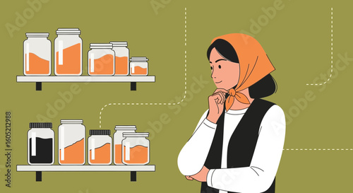 Woman With Headscarf Considering Jars Of Preserved Goods On Kitchen Shelves