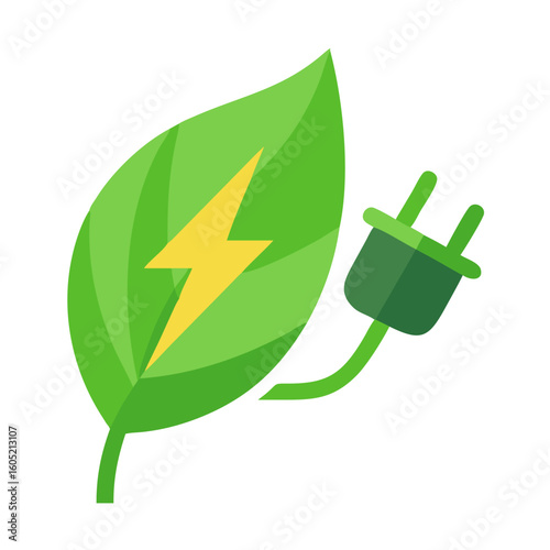 leaf, green leaf, electric plug, lightning bolt, clean energy, renewable energy, sustainability, eco-friendly, digital art, vector illustration
