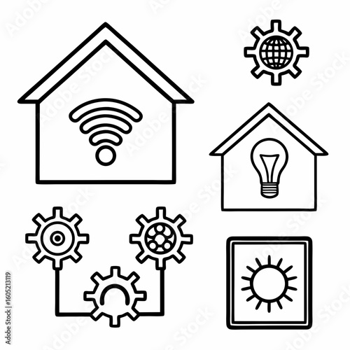 A black and white line drawing of various icons related to smart home technology. The main icon is a house with a Wi-Fi symbol on the roof. 