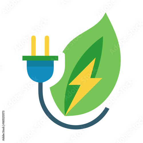leaf, green leaf, electric plug, lightning bolt, clean energy, renewable energy, sustainability, eco-friendly, digital art, vector illustration
