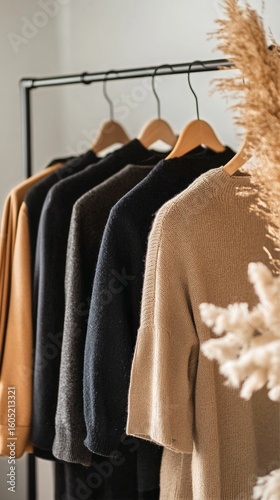 Cozy Winter Sweaters Displayed in a Modern Living Room With Decorative Plants...