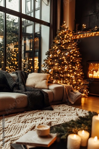 Cozy Living Room Decorated for Winter Holidays With Tree and Warm Lighting