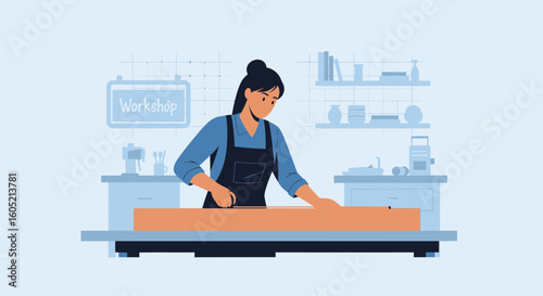 Woman Working Intently At Her Workshop Table With Tools And Materials