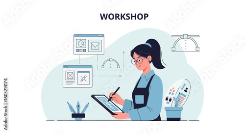 Woman Working On Graphic Design Project Digitally Using A Tablet