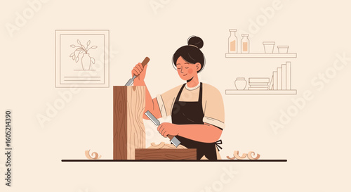 Woman Working On Wood With Chisels In Her Workshop Creative Design