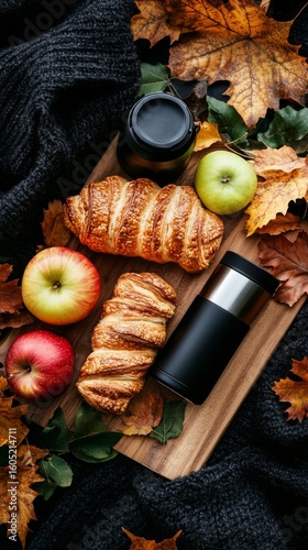 Cozy Autumn Breakfast With Pastries and Fresh Apples on a Wooden Plate.
