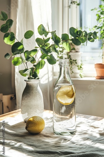 Refreshing Water With Lemon and Leaves Displayed on a Bright Table.