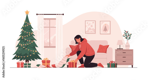 Woman Wrapping Gifts Beside Christmas Tree At Home During Festive Season