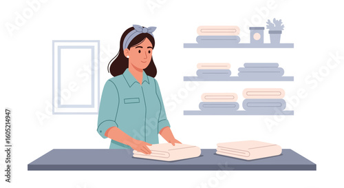 Woman Folding Clean Laundry After Washing And Drying Clothes at Home