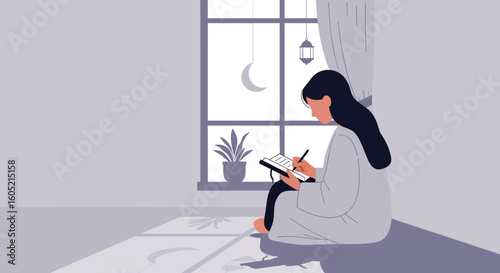 Woman Writes in Journal at Night Near a Window with Moon Light