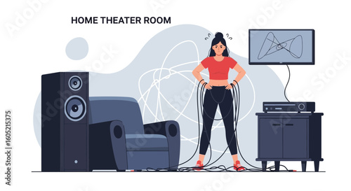 Woman Frustrated With Home Theater Wiring Cables And Messy Entertainment Setup
