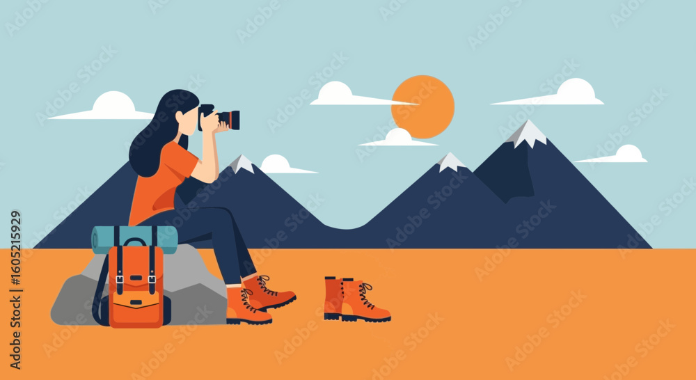 Fototapeta premium Woman Hiker Capturing Mountain Views With Her Camera During Adventure Holiday