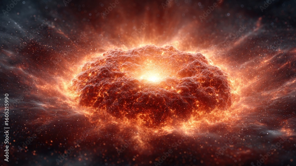 Obraz premium Fiery glowing abstract ring radiates immense energy in deep space amidst sparkling particles