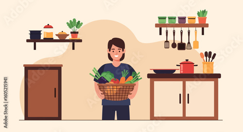 Woman Holding A Basket Of Fresh Vegetables Inside A Modern Kitchen Scene