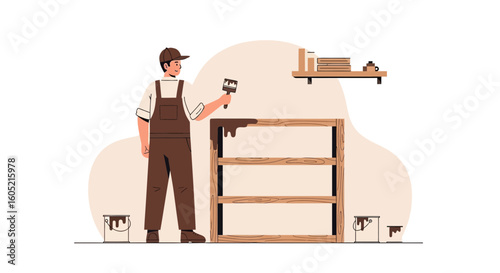 Worker Paints Wooden Shelf With Brown Color Inside House For Decoration