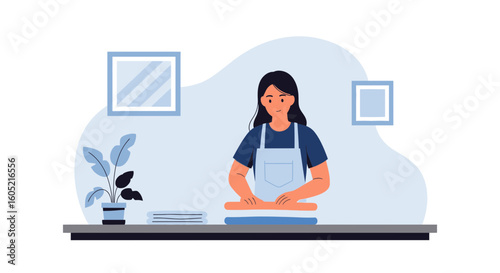 Woman In Apron Folding Clothes Routine Task Minimalist Aesthetic Vector