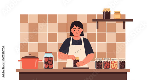 Woman In Apron Preserving Fruit In Glass Jars For The Winter Season