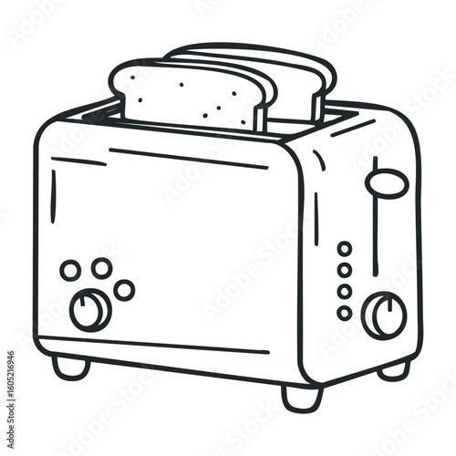 Simple black and white line drawing of a toaster with two slices of bread. Vector illustration