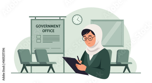 Woman In Hijab Completing Paperwork At Government Office Illustration