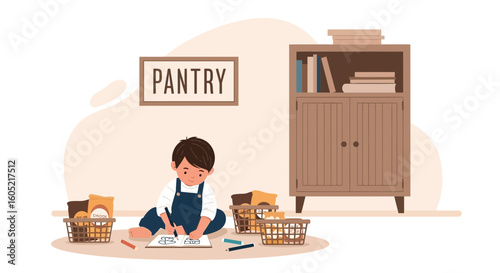 Young Boy Creates Artistic Masterpiece in a Cozy Pantry Setting Illustration