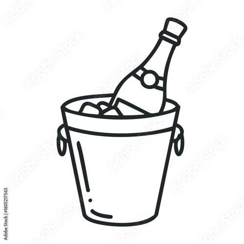 Champagne bottle in ice bucket line drawing for celebration and party themes. Vector illustration