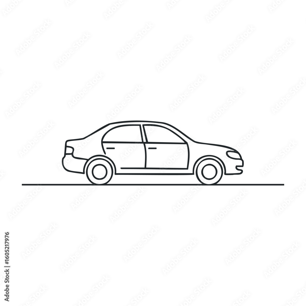 Naklejka premium Simple black line drawing of sedan car on white background. Vector illustration